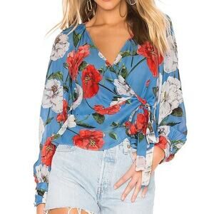 Parker Womens Floral Sheridan Blouse XS Wrap Front Tie Blue Red Romantic Garden